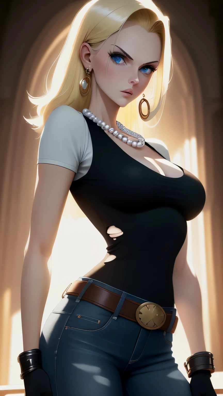 best quality, highres, and18, 1girl, android 18, solo, blonde hair, blue eyes, belt, blue jeans, pearl necklace, bracelets, black gloves, white shirt, short hair, short sleeves, earrings, blue pants, open vest, black vest, large breasts, cowboy shot, city port, straight-on, meadow landscape, torn pants,