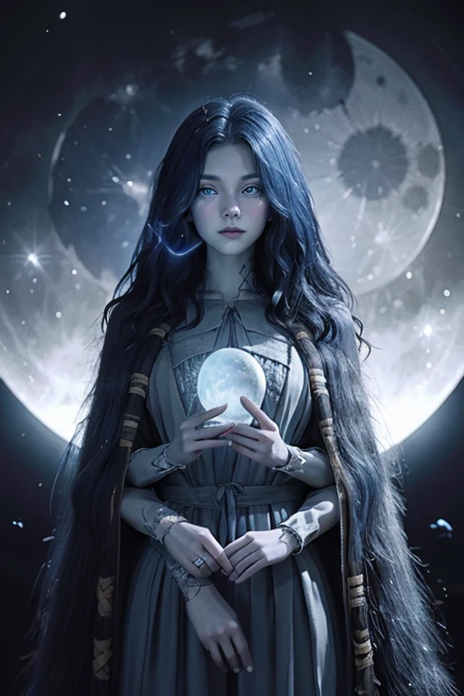 Female, long midnight blue hair, glowing moonlight blue eyes, witch, sorceress, pale skin, holding the moon