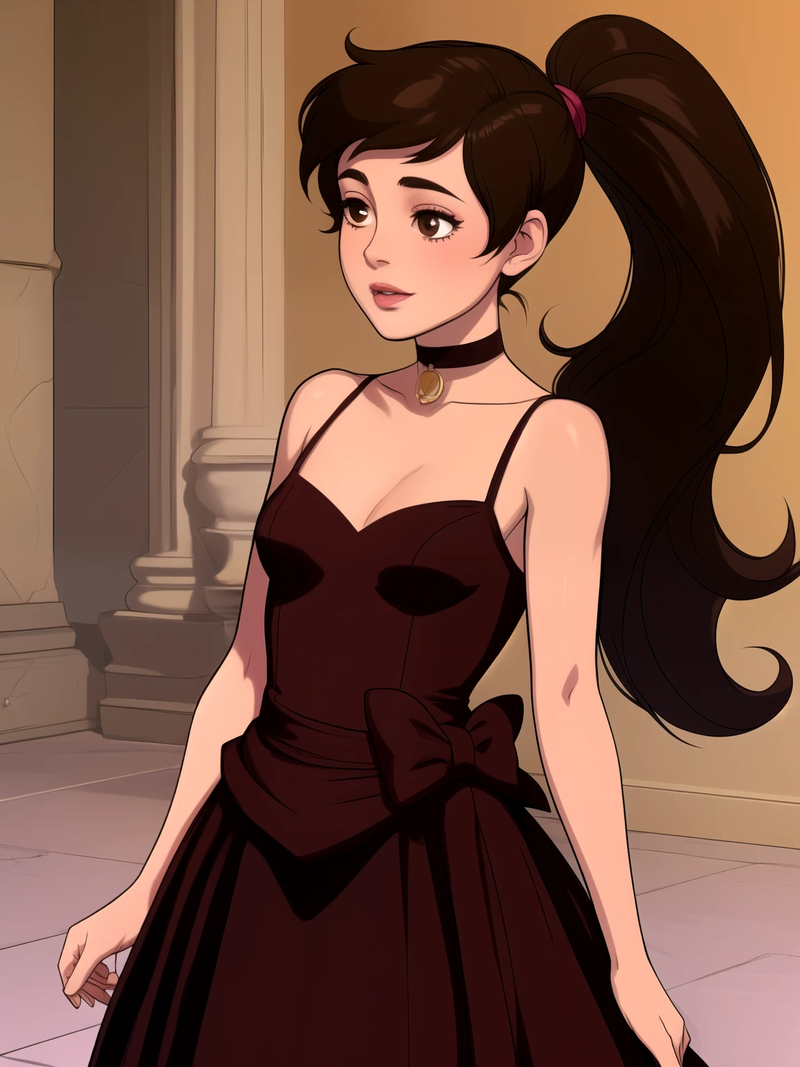 Princess Marco. brown eyes, brown hair, ponytail. small saggy breasts. slim body. choker. bow. princess dress. princess dress. castle
