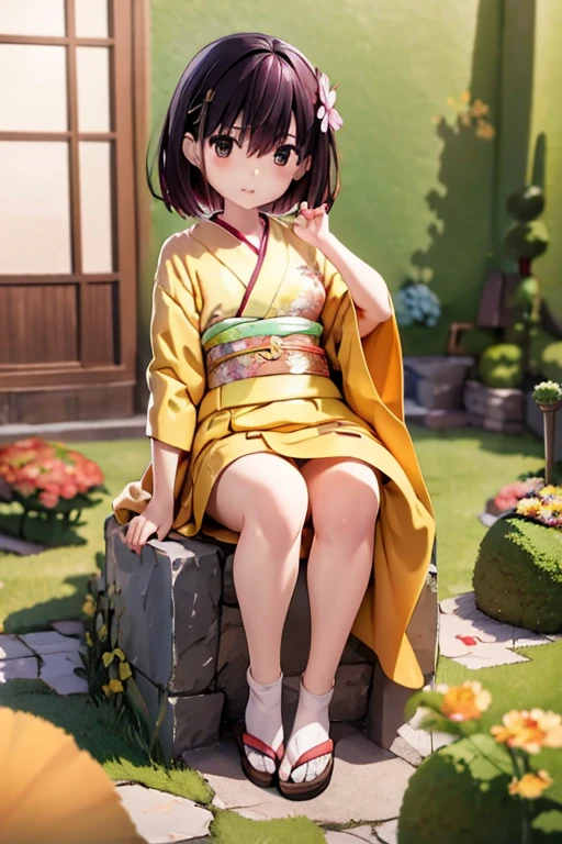 masterpiece, highest quality, disorganized, perfect anatomy, 1 girl, alone, canada suzu, short hair, indoors, kimono, hair flower, Floral, wariza, sitting, I put my hand on my knee, 