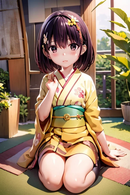 masterpiece, highest quality, disorganized, perfect anatomy, 1 girl, alone, canada suzu, short hair, indoors, kimono, hair flower, Floral, wariza, sitting, I put my hand on my knee, 