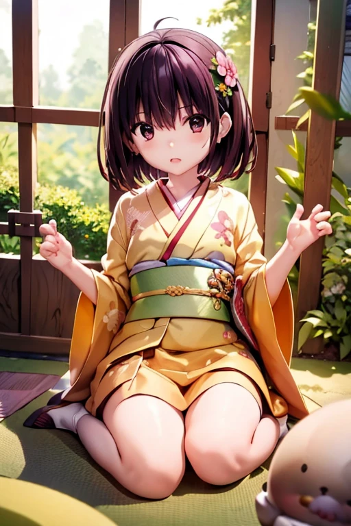 masterpiece, highest quality, disorganized, perfect anatomy, 1 girl, alone, canada suzu, short hair, indoors, kimono, hair flower, Floral, wariza, sitting, I put my hand on my knee, 