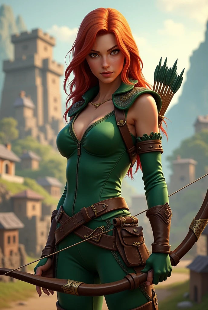 Drawn in the comic styling of humbertos ramos. Five foot female, possessing a body like Scarlett Johanssen. Possesses amber eyes with grey-green limbal rings. Fair skin. No blemishes. Chestnut brown hair, cascading down shoulders. Wearing a casual medieval riding dress that is at least to her knees, and brown riding boots. Hands crossed over front. Particular attention paid to the curving of hips and breasts. Attractive face, at least a 9 on the facial attractiveness scale.