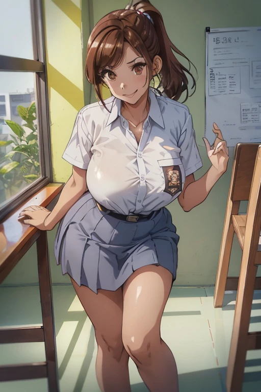 1 woman, , Brown hair ponytail, plump body, brown eyes, Indonesian high-school uniform, white shirt, osis logo on shirt pocket, natural big breasts, light-grey pleated skirt, stand pose, full body shot, smiling, in the classroom.