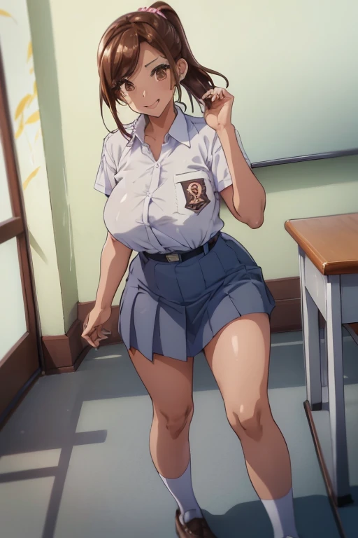 1 woman, , Brown hair ponytail, plump body, brown eyes, Indonesian high-school uniform, white shirt, osis logo on shirt pocket, natural big breasts, light-grey pleated skirt, stand pose, full body shot, smiling, in the classroom.