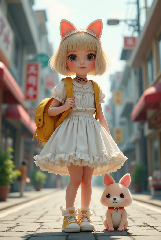Magnificent detail, 8K Photos, hyper- realism, professional light, realistic background, visual depth, Background bokeh, wide angle lens, whole body, (13 year old, cute, change, Flat Breast, Cat's ears), 1 girl, colorful eyes, hair blonde, (Lolita lo fashion: 1.5), (lace, shirt with ruffles, white petticoat, tennis), (plush toy), pink cute backpack, Street, lo fashion