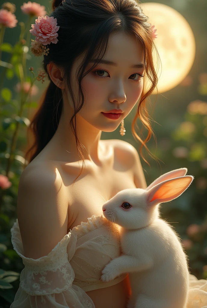 top-quality、​masterpiece、超A high resolution、(Photorealsitic:1.4)、女の子1人、A dark-haired、(huge-breasted:1.2)、beauty legs、bunnygirl