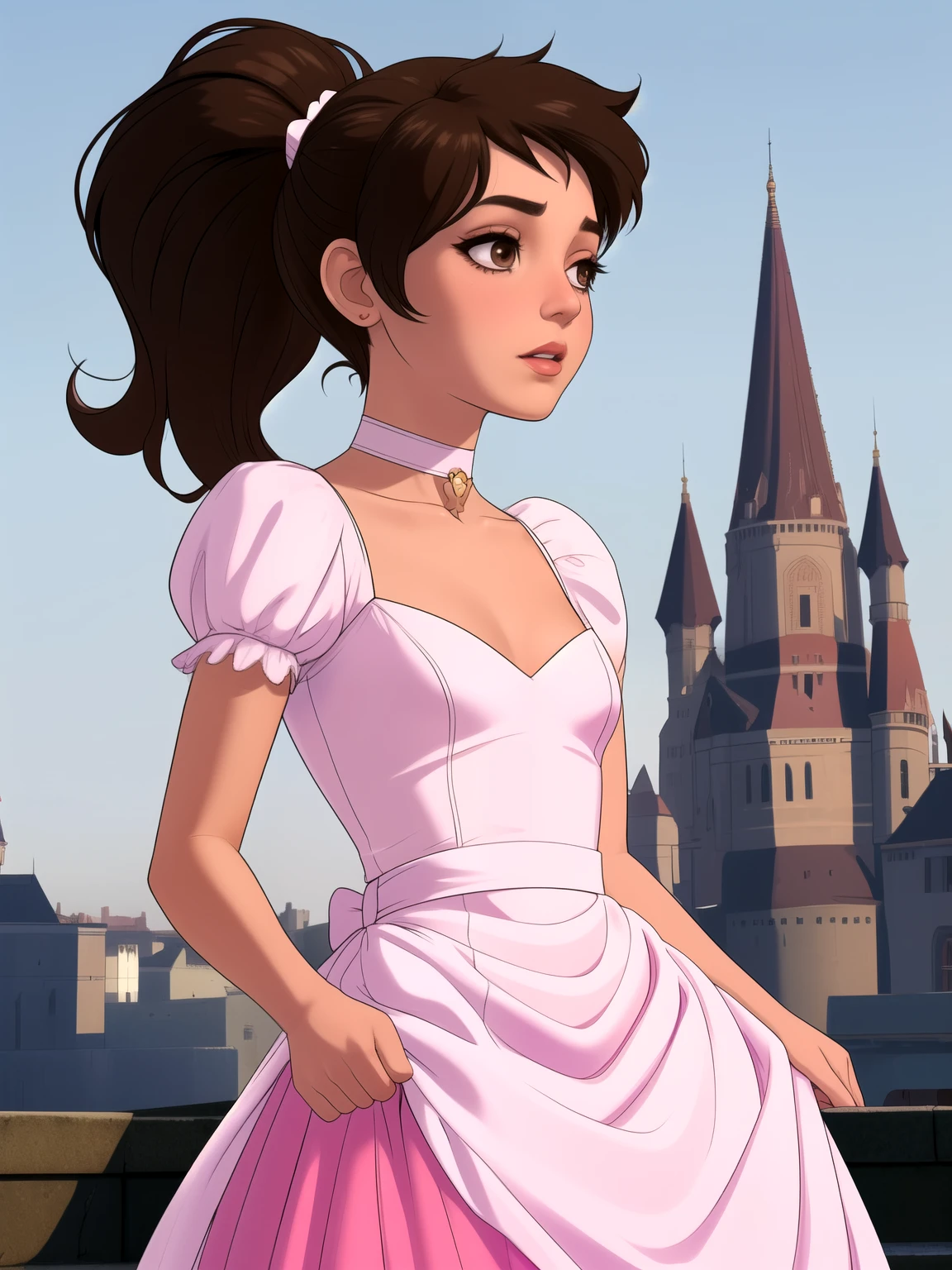 Princess Marco. brown eyes, brown hair, ponytail. small saggy breasts. slim body. choker. bow. princess dress. princess dress. castle
