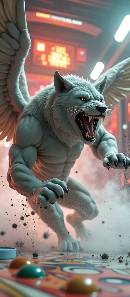 Realistic ripped muscular white furry fox-dragon, male, yellow eyes, cute face, full naked, round chest, big breast, huge white wings, white fur, very tight torn black thong, bulge in crotch