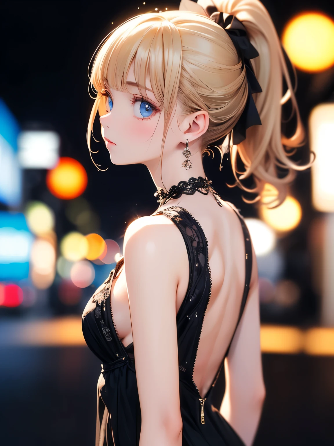 Close focus on face, sexy cute girl, short blondy hair, colored ambient lights, street environment, long eyelashes, cute clothes, people on background, rose eyes, turist, day time, cute Leaning forward pose