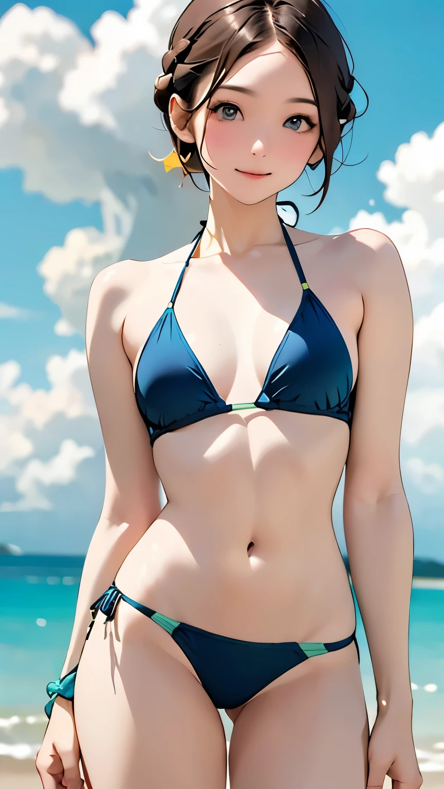 (Best Quality、masterpiece、High resolution)、4K Anime Art、((1 person))、(Beautiful Japanese Women、20 years old)、((whole body))、(Natural standing posture)、 (Detailed depiction of a beautiful face)、smile、Small breasts、Slim figure、Medium Short Hair、French Braid、Hair accessories、(Bikinis in ethnic patterns and primary colors:1.48)、(Blue sky background)、((Sea, sky and white clouds background))、