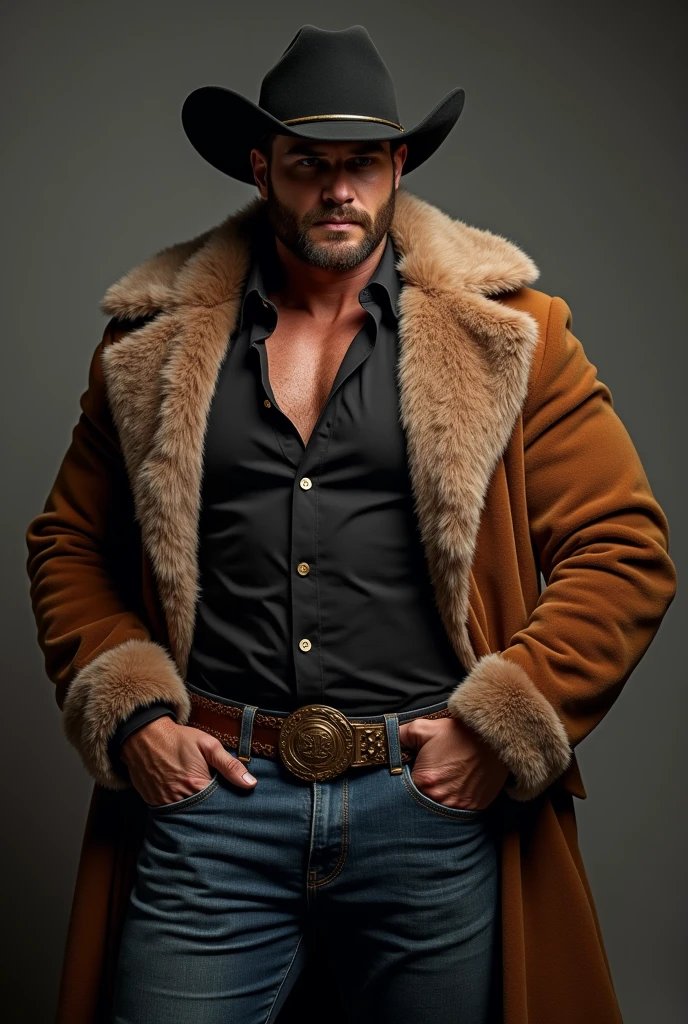 An illustrated movie poster, hand-drawn, full color, a Westerosi man, 28 years-old, wearing a suede coat, resembles Gavin Leatherwood, sun-tanned skin, chubby face, stocky physique, deep brown eyes, wide bulbous nose, black hair, curly hair, thick bushy eyebrows, extremely hairy chest, stomach, and arms, lots of body hair, posing on a pedestal, hard shadows, graphite shading, stencil markings, airbrushed acrylic paint, masterpiece, in the style of Game of Thrones