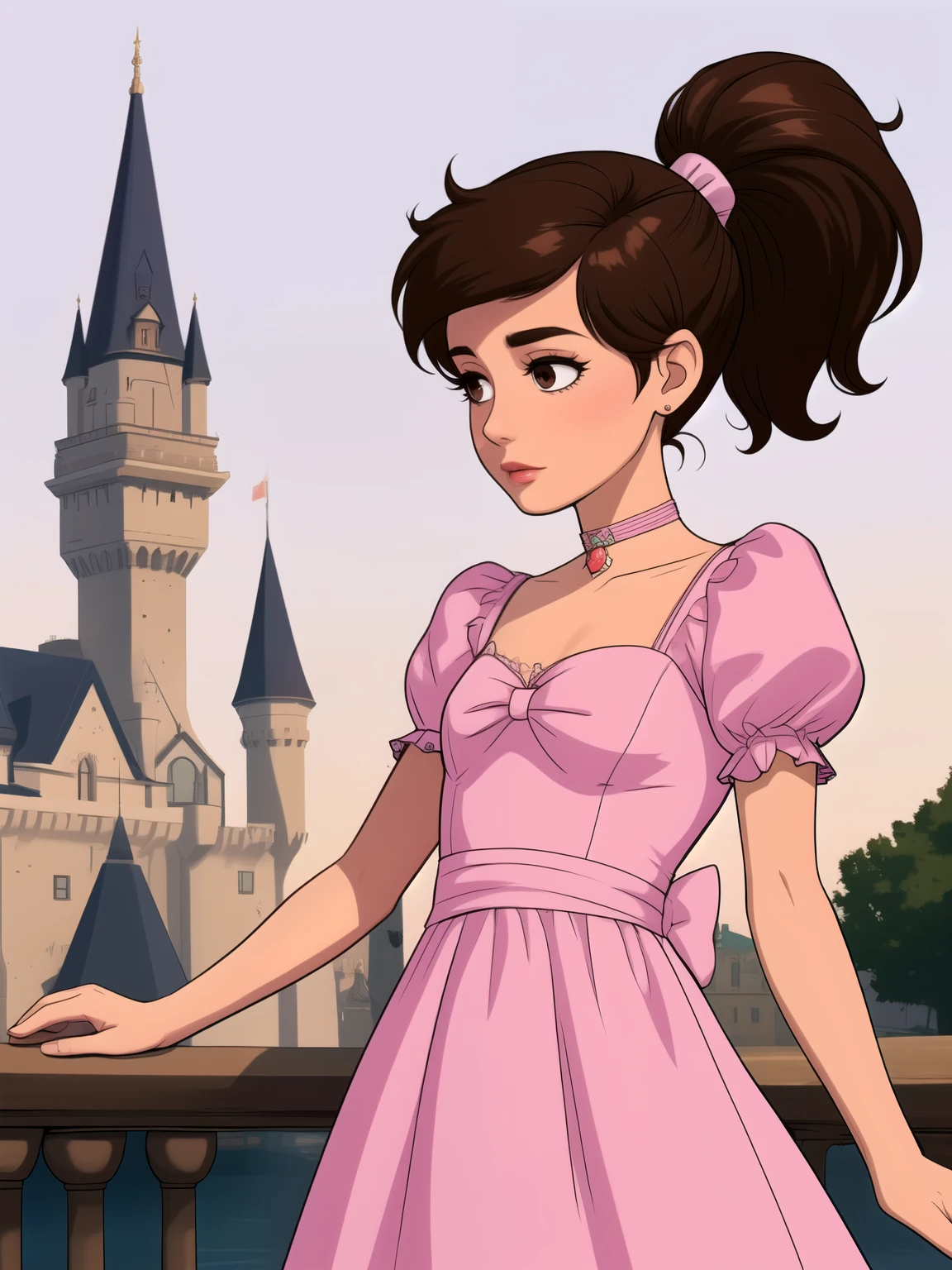 Princess Marco. brown eyes, brown hair, ponytail. small saggy breasts. slim body. choker. bow. princess dress. princess dress. castle
