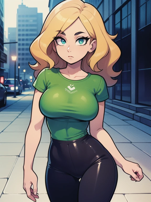 (masterpiece:1.2), best quality, high resolution, unity 8k wallpaper, (illustration:0.8), (beautiful detailed eyes:1.6), extremely detailed face, perfect lighting, extremely detailed CG, (perfect hands, perfect anatomy), A beautiful 36yo woman with blonde wavy hair and green irises, about 5'2 tall, wearing a loose t-shirt and black leggings showing slim hips, walking in the city streets
