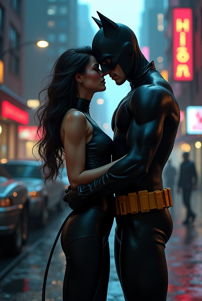 (best quality,highres:1.2),realistic Batman and Catwoman kissing,vivid colors,expressive love,urban night scene,bat signal projected on the clouds,mysterious silhouette of Gotham City in the background,romantic atmosphere,attentive eyes,deep passion,hint of danger,shadows and highlights emphasizing their connection,city lights reflecting on their faces,beautifully detailed lips,sparkling chemistry between them,dynamic composition,feeling of motion and intensity,impressive chiaroscuro lighting,emotional depth,steamy and passionate moment,iconic superhero couple,secretive rendezvous at rooftop,electric and magnetic attraction,memorable and impactful artwork.