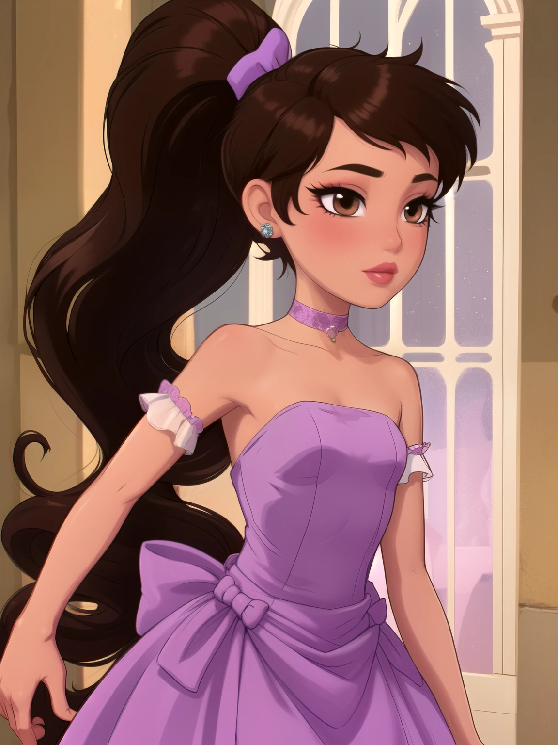 Princess Marco. brown eyes, brown hair, ponytail. small saggy breasts. slim body. choker. bow. princess dress. princess dress. castle
