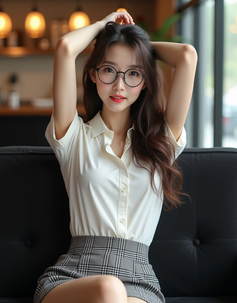 Better Quality, Mesa, 22 years old, Beautiful mature women、Beautiful Face、A strong-willed woman、White Dress Shirt、Brown Hair、(Brown eyes)、Long Hair、Smaller eyes、Like the whole body, Dark blue ballroom mini skirt, Yellow panties under the skirt, white shirt ballroom, Legs crossed, from the front, smile, Without socks, Black shoes, Glasses, Showing off a little skirt, Cock Hair, Sit at the table、((Sexy panties in full view:1.0))、((Spread your legs wide:1.5))