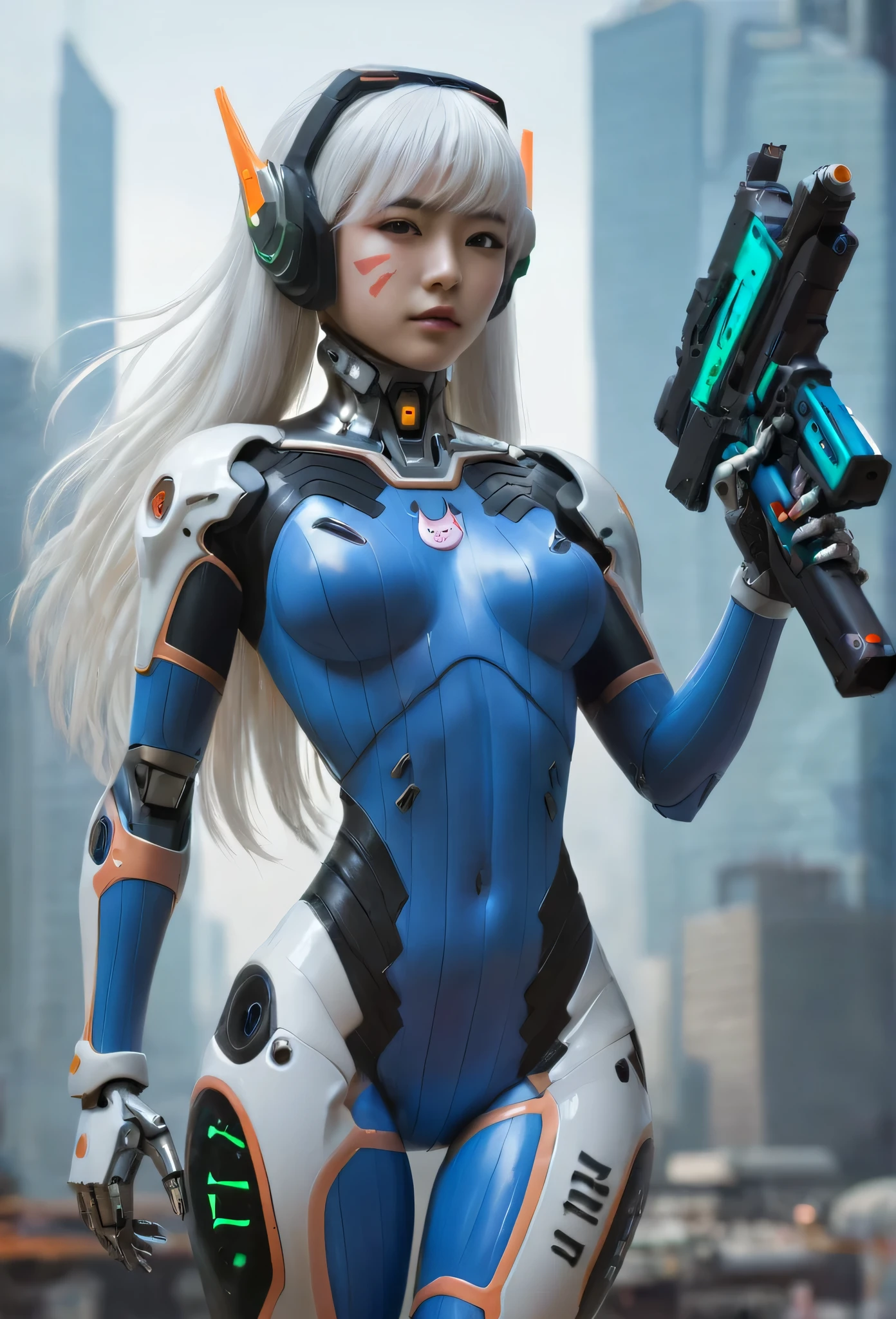 1girl, a beautiful girl cyborg cyberpunk with a cyberpunk city tall buildings, white hair, cybermask, white and orange and black machine suit color combination, the body full of machine, realistic futuristic hologram, asian skin tone, beautiful eye, beautiful asian face, cyber ear machine, suits is solid mecha, realistic machine, sci fi scape, manipulation is a masterpiece, long hair, masterpiece, suit of cyberpunk, realistic sci fi building texture mecha aestethic, digital cyberpunk, looming over a city, cyber technology, realistic hair, lots of hair, white of hair, realistic metal solid texture of building, realistic neon glow, realistic neon sign, wonderful side lighting, realistic futuristic cyberpunk building, realistic girl robot cyberpunk, fog, foogy, masterpiece of detail, RAW IMAGE, depth of field, point of interes, depth of field is masterpiece, best photography composition masterpiece, natural realistic hair, rule of third masterpiece photography, natural lighting, photography masterpiece natural lighting from side, realistic skin texture, strong reflection, ( pose pinterest) masterpiece beautiful, Devil Horns, smooth pixel, ray of light, soft light, small breasts, mastepiece of cyber mask, masterpiece fantasy gun, carry a fantasy weapon, weapon fantasy (artstation)