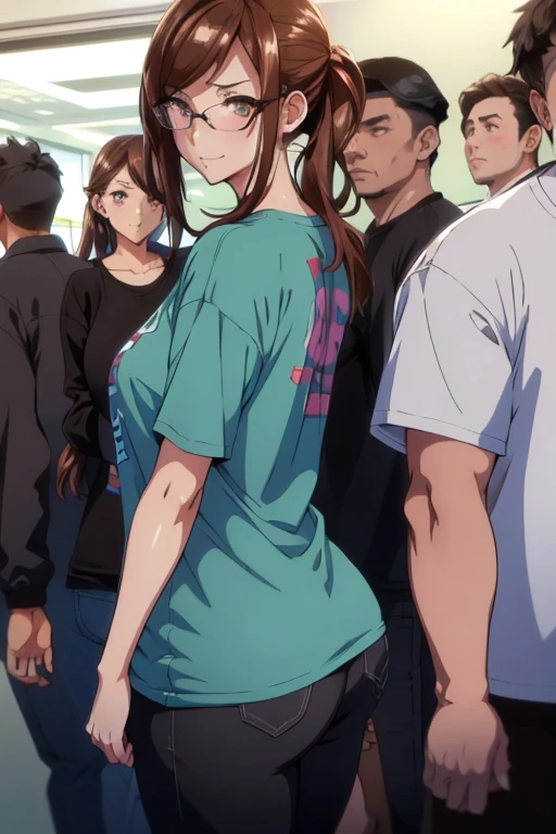 hyperrealistic anime,1woman,adult curvy female,at train,man with t-shirt standing behind woman,black hair,t-shirt,pants,medium straight hair,glasses,unkempt hair,modest woman,from behind and side,(man grabbing woman's pants from behind:1.1),molested,groped,blushed and grinning