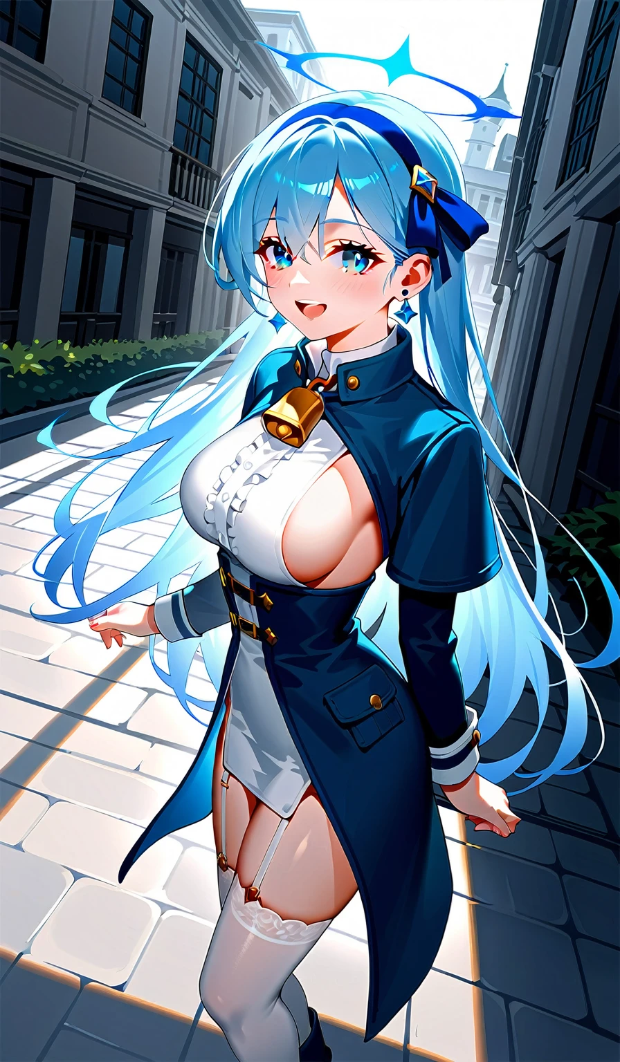 1girl, amksd, halo, sideboob, white clothes cutout, hair ribbon, collar, earrings, blue coat, neck bell, half gloves, black miniskirt, garter straps, thighhighs, boots ((high quality:1.2, masterpiece:1.2)), highly detail, dynamic angle, rating: general, naughty face, happy, mile shoot, , facing viewer, mansion,