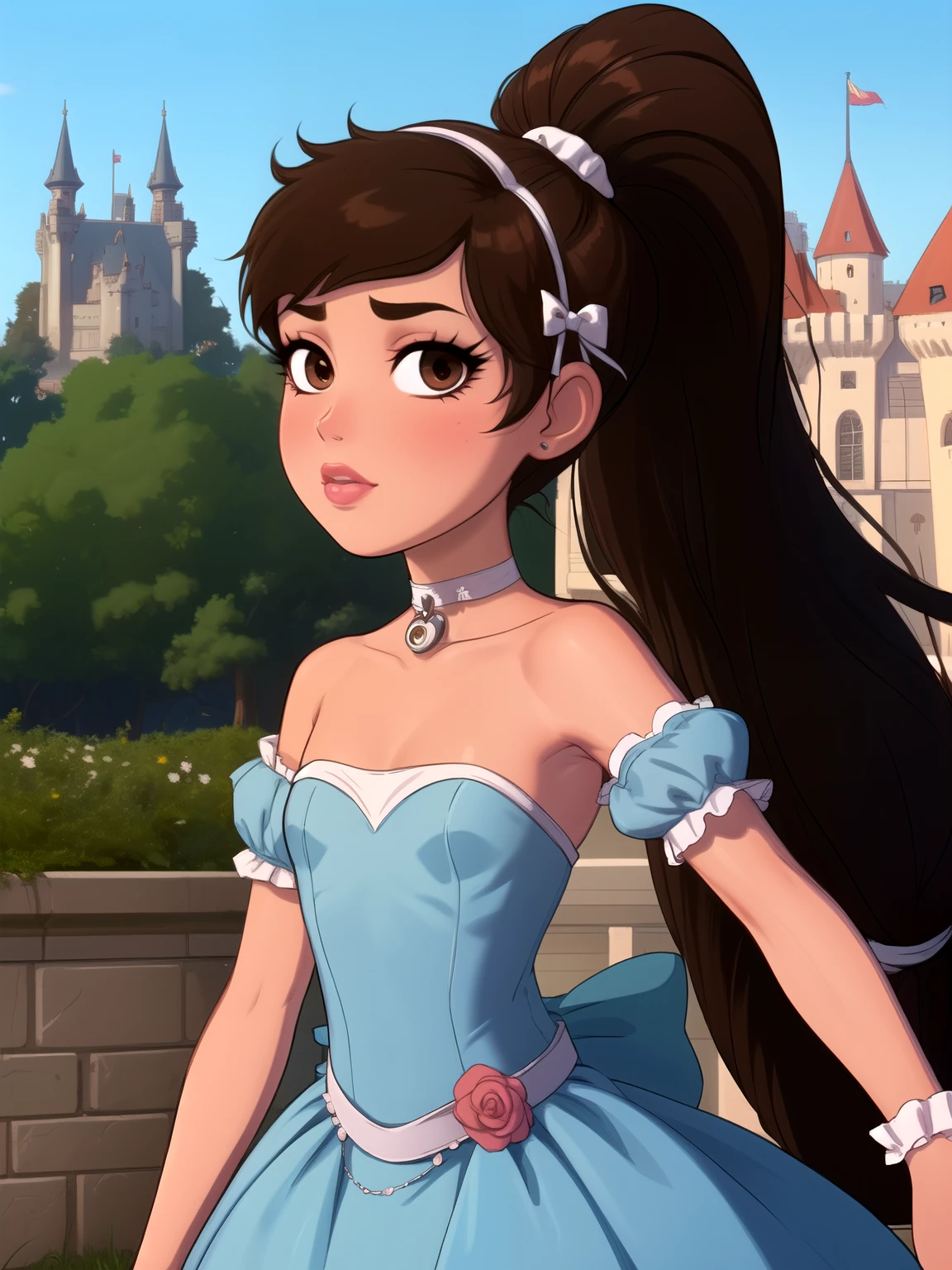 Princess Marco. brown eyes, brown hair, ponytail. small saggy breasts. slim body. choker. bow. princess dress. princess dress. castle
