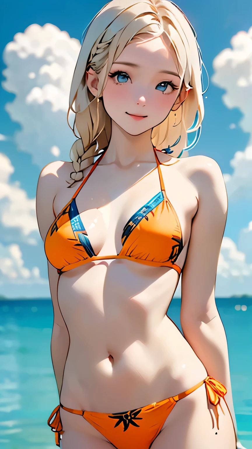 (Best Quality、masterpiece、High resolution)、4K Anime Art、((1 person))、(Beautiful Japanese Women、20 years old)、((whole body))、(Natural standing posture)、 (Detailed depiction of a beautiful face)、smile、Small breasts、Slim figure、blonde、French Braid、Hair accessories、(Orange and blue bikini with ethnic print:1.48)、(Blue sky background)、((Sea, sky and white clouds background))、