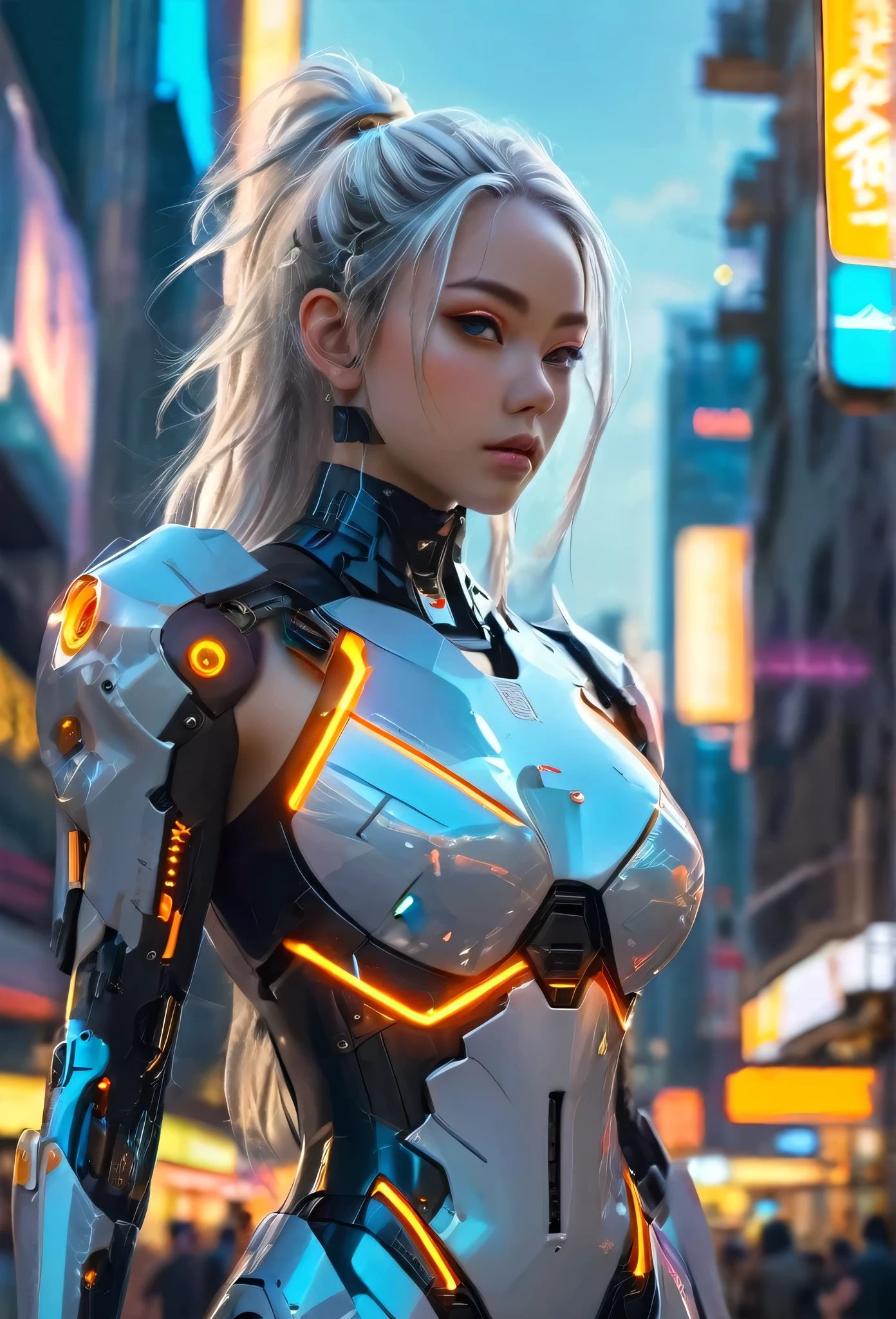 Cyborg Merchant Girl, Cyberpunk Girl, Digital Cyberpunk Art, (Digital Cyberpunk Art), cute、Ultra high definition、masterpiece、correct、Anatomically correct、Textured skin、Very detailed、High detail、high quality、最high quality、High resolution、8k、Raw photo、whole body、Beautiful Teenage Woman、One Japanese woman、Big beautiful eyeedium chest、Japanese girl with short ash-colored hair wearing a cyberpunk metallic white and blue mechanical battle suit looking up at a cyberpunk ferris wheel