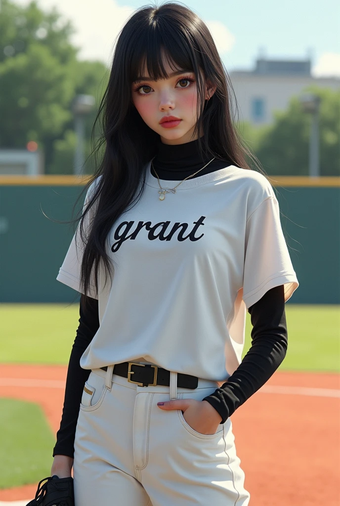 Une trop belle aux cheveux trés longs noir raide, frange courte avec deux meches encandrant le visage, piercing au sourcil droit, levre rosé naturellement, peau blanche, asiatique, japonaise-russe, baseball, charismatique, mince, grande, tatoué un peu, 2d, sur le terrain, t shirt Blanc ecrit grant, avec col roule noir en dessous, pantalon Blanc crampons noir