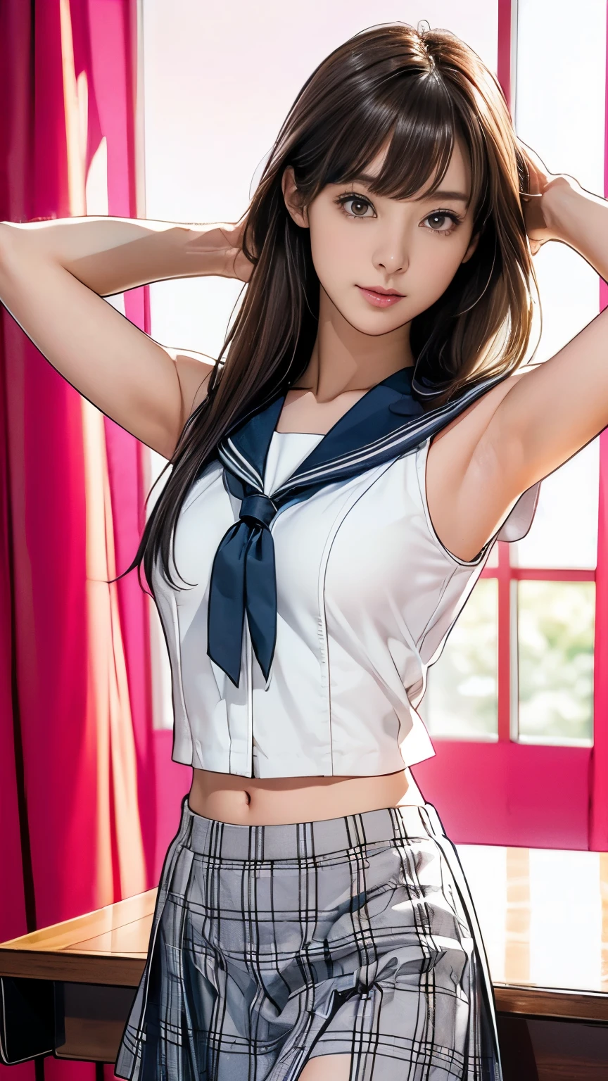 Highly detailed CG Unity 8k wallpaper, Very delicate and beautiful, Shockingly, Finely, official art, absurd, incredibly absurd, Ultra Detailed,The light shines on your face,Looking at the audience, (perfect woman image), Slimウエスト, Full Body Esbian, permanent, ((Sailor Suit, Plaid skirt, Collared shirt, abdomen, Open your clothes, sleeveless tops)), bare arm, Bangs, (best quality, 4K, On the table: 1.3), Beautiful Japanese Araphi woman、15age、Surreal, 1 girl,The face is rich in detail,Lip detail, Beautiful eyes,double eyelids, (Beautiful and delicate lips),Sexy face、Light brown hair、Medium Length Hair、(Seductive figure: 1.2), (Thin waist:1.1)、Flowing hair、((Solitary))、 Half-smile, Color Background, Looking at the audience,big breasts Thin waist,Movie Lighting, ((15ageの女の子, Slim, Thin waist, Thin thighs, Thin arms)), ((Raise your arms, Expose your armpits))