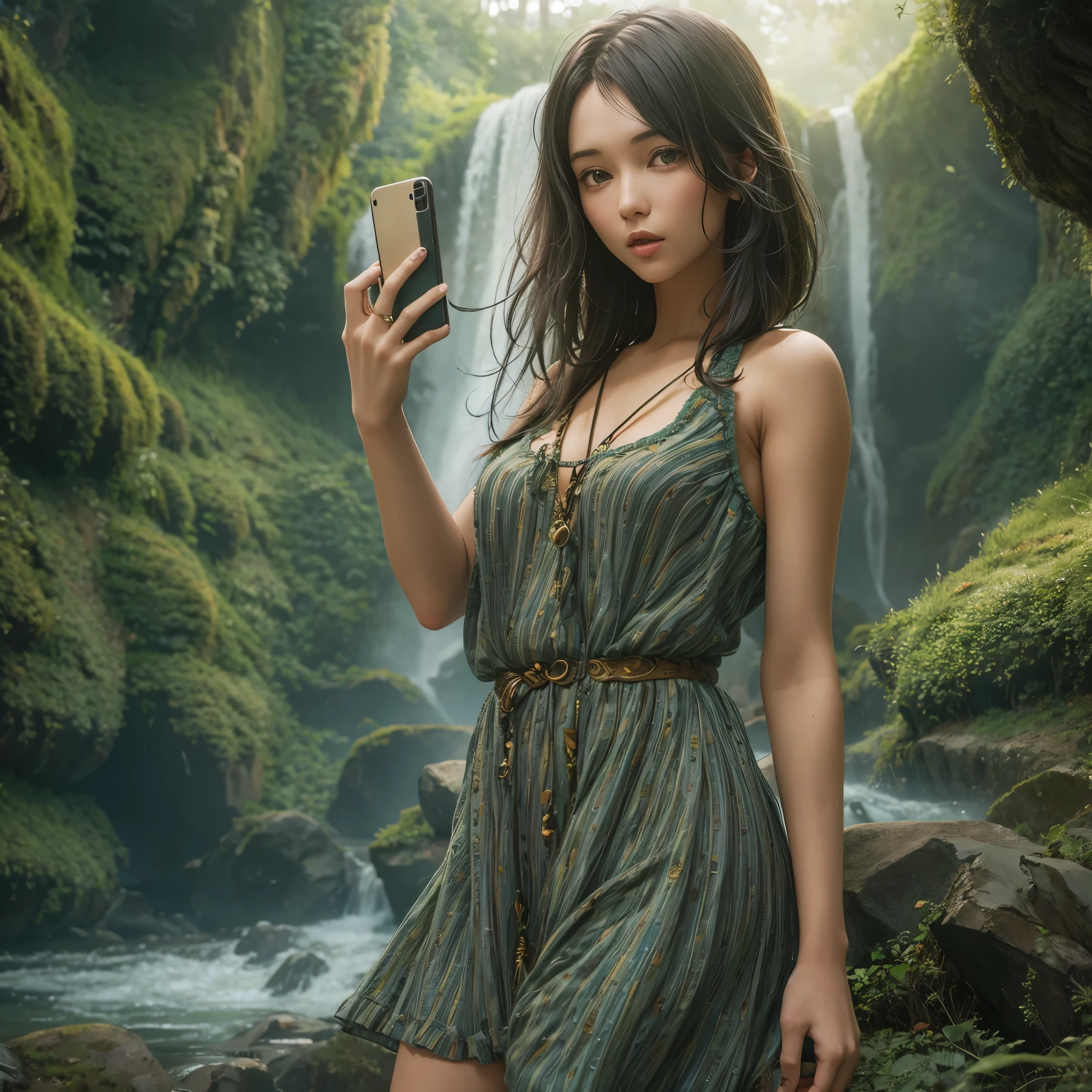 Waterfall conveys four adventurers natural fantasy landscape fairy green, golden ratio, animated detail, delicate, QuixelMegascans trend, perfect image, super high resolution, perfect composition, detailed, super color, (high detail skin: 1.2), 8k ultra high definition, DSLR camera, soft lighting, high quality, film grain, Fujifilm XT3, female tourist posing for selfie, cute minidress, jenya.d