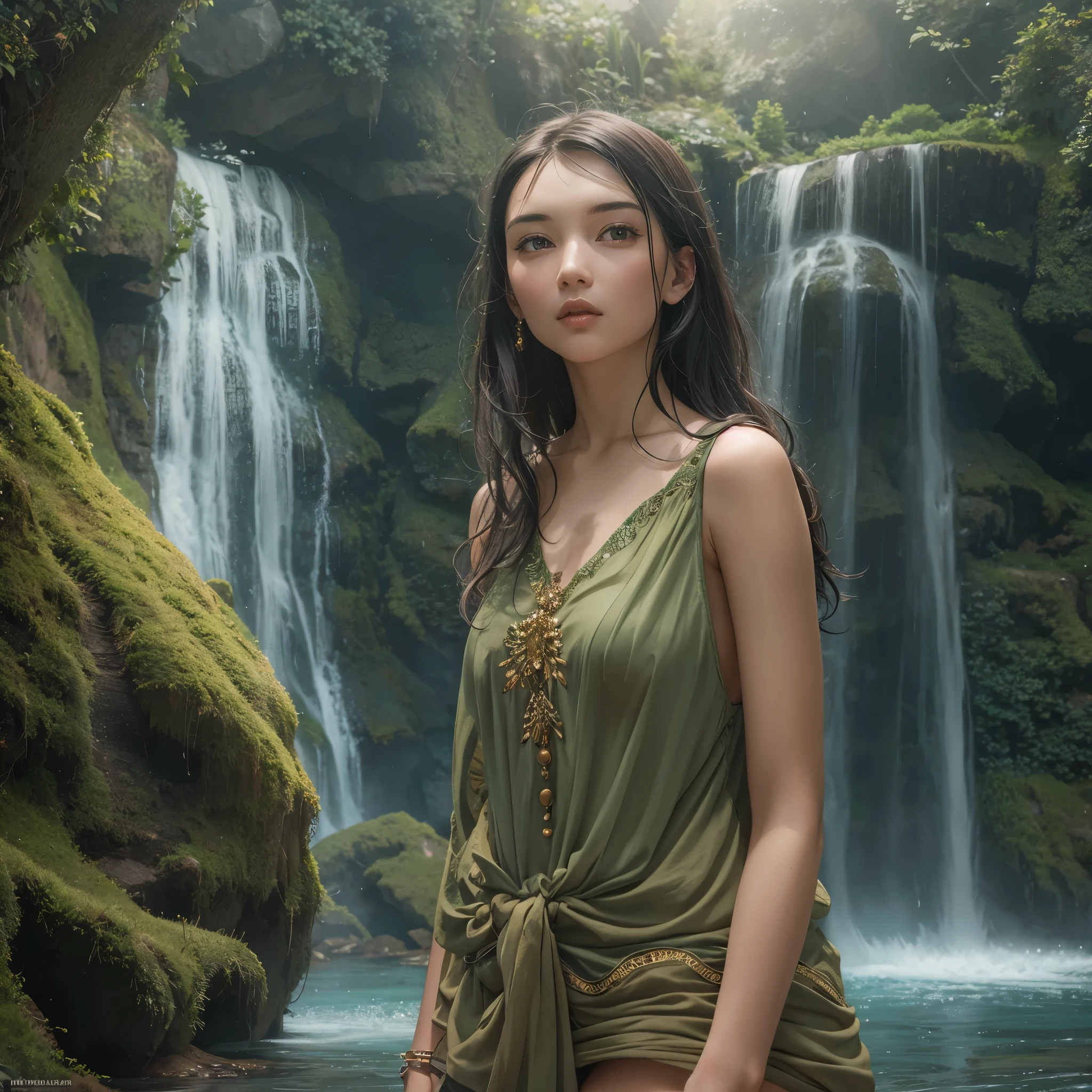 (masterpiece, best quality), 1girl, solo, elf, mist, sundress, forest, sitting, in water, waterfall, looking at viewer, blurry foreground, dappled sunlight, moss, (intricate, lotus, mushroom)