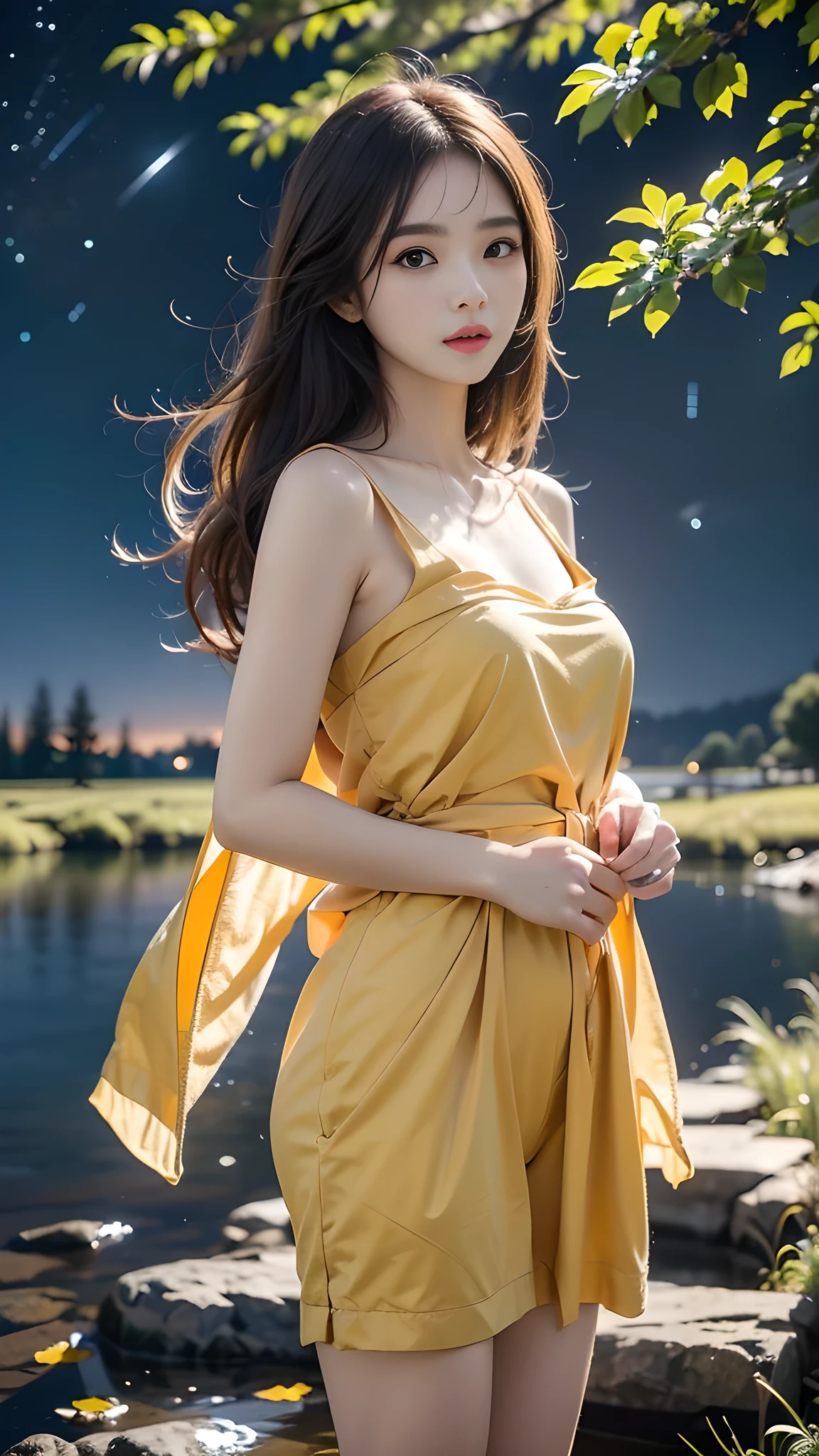 beautiful young woman beautiful breasts standing under cherry tree in luxury gold satin robe. medium long body shot, gold  Light shines back from behind.  anime color style ,natural light, In the background there is a cherry tree.