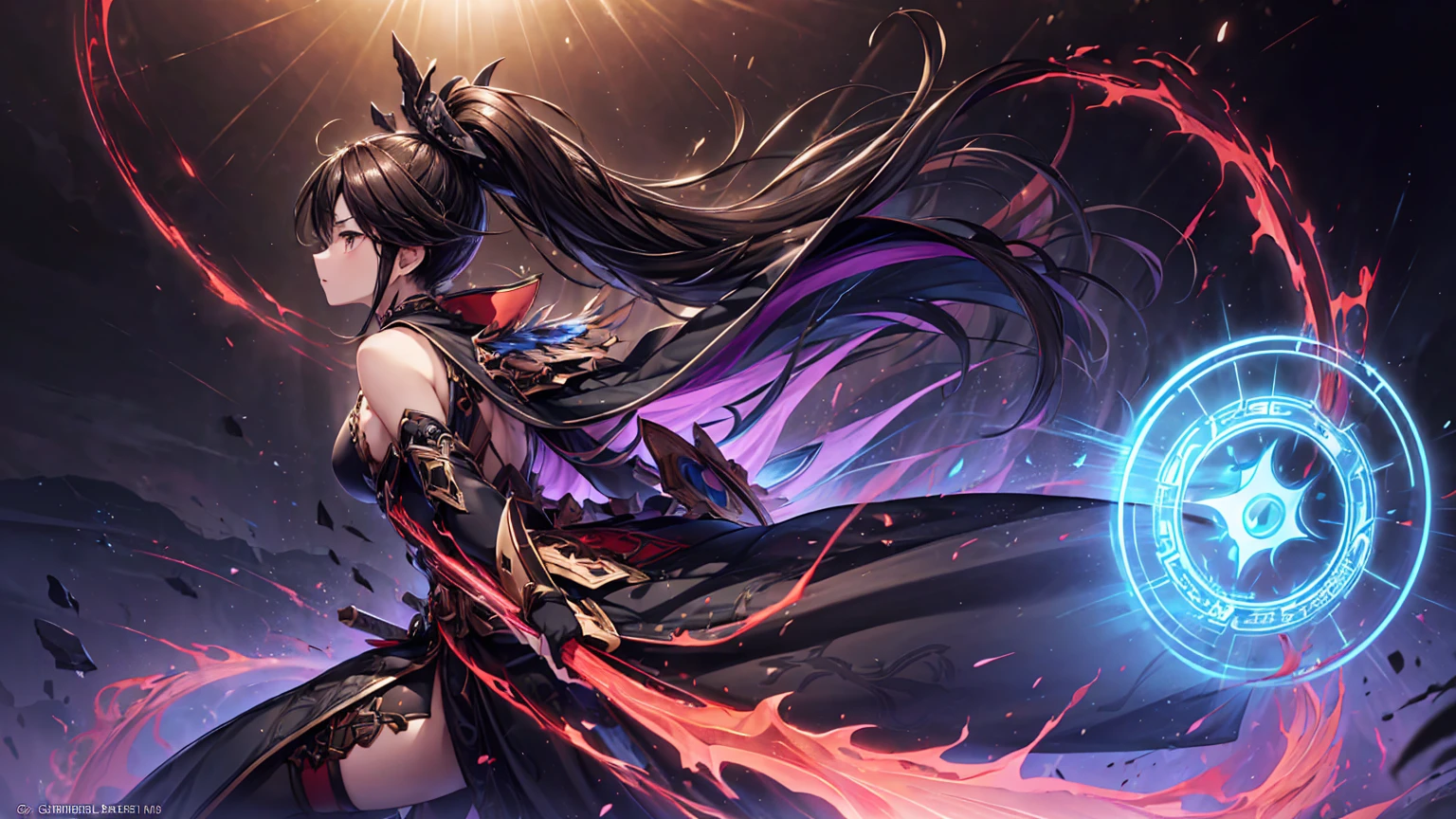 A woman dressed in black, league of legends splashart,Official Splash Art, extremely higly detailed,iconic character splash art,komono, Hanfu,Taoist uniform,Off-the-shoulder attire,shift dresses,ta prostitute,Motion blur, Depth of field means reflection,extreme light,fog atmosphere,The moonlight shone on the side of the girl's face,realisticlying,no-bra,vacuum,Extra-long sleeves,Long off-the-shoulder dress,cleavage,Full length of colorful hair(1.9),Color gradient for long hair,Messy hair,Barefoot,Full body like,realskin,realcumAI,Snow-white skin,Snow-white thighs,Top image quality,Extreme light and shadow,White panty hose,High details,Standing painting,lines of movement,dynamicposes,komono,PC Wallpapers,Two-thirds of the canvas generates the body,Move the chart Green Forest, It is surrounded by tall trees and a gentle mist.
