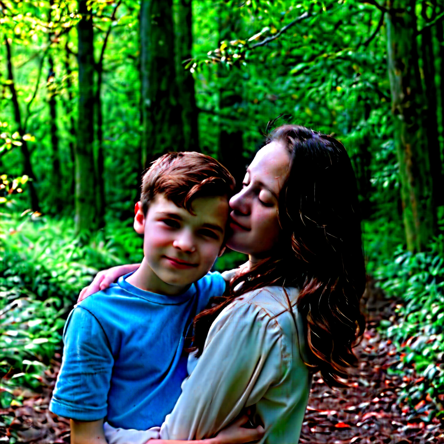 In a tender digital illustration, a young mother sits on a grassy hill, embracing her son on her lap as they watch the sunset together. Inspired by the emotive artwork of Norman Rockwell, capturing moments of familial love and connection. The color palette is warm and earthy, echoing the hues of the setting sun. The mother's face is gentle and serene, while the boy's expression is filled with trust and affection. Golden-hour lighting bathes the scene, infusing it with a soft, nostalgic glow