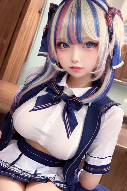 ,Best Quality,masterpiece,Very detailed CG,Big firm boobs,Flashy hair color,High school girl,School Uniform,ribbon,