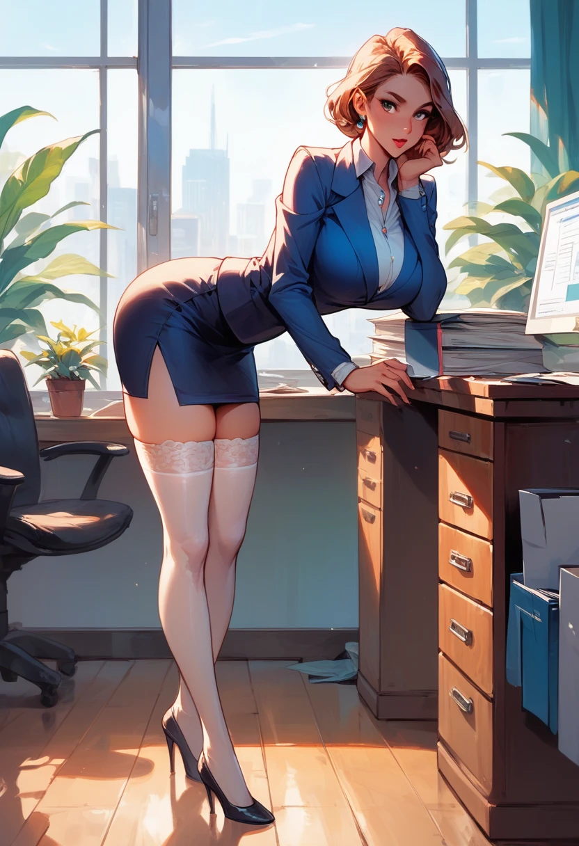 woman in black stockings and high heels posing in office, on a desk, in the office, standing in the office and leaning forward on the desk, thighhighs and skirt, great view, gorgeous view, perfectly proportioned, next to a big window, stunning view, full length and white stockings, in office, thick legs, very sexy outfit, sexy outfit