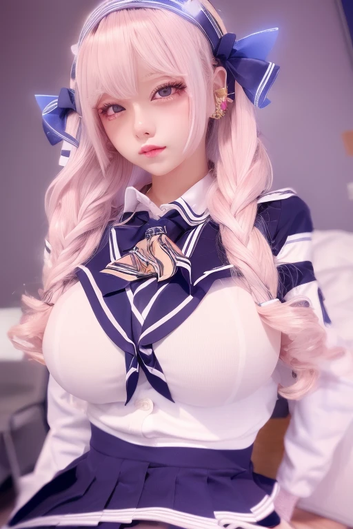 ,Best Quality,masterpiece,Very detailed CG,Big firm boobs,Flashy hair color,High school girl,School Uniform,ribbon,