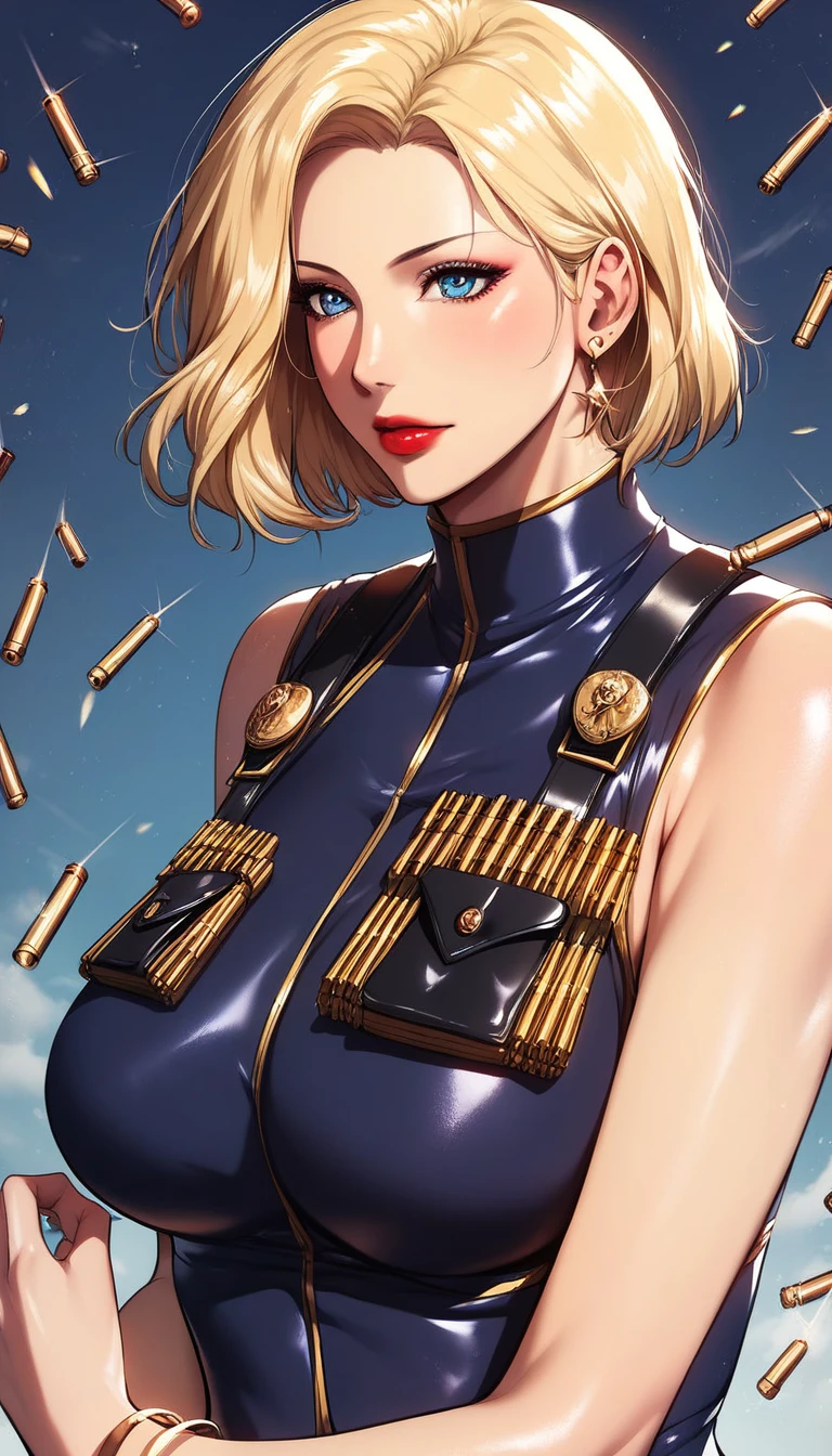 Hot beautiful sexy milf soldier,   red lipstick, long stud Earrings, medium saggy breasts , blonde hair , short hair,bracelet ,detailed, detailed blue eyes, curvy body  ,manhwa style,body moving motion ,detailed eyes,manhwa page,manhwa art style , Bullet proof vest, uniform 