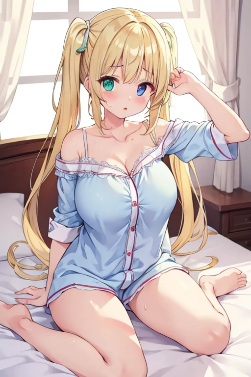 (Masterpiece, top quality, super high quality, super high detail, beautiful hair, beautiful eyes, perfect face),
Girl's room, pretty white base, morning sun shining through the window, white lace curtains, not wooden,
A girl with slightly frizzy hair, short cut, high twin tails up both sides, blonde hair, very , droopy eyes, heterochromia, blue eye, green eye, very huge breasts, 145cm tall, sitting on the bed wearing only large cute pajamas and nothing on the bottom half of her body, one eye closed, right hand on her mouth, right hand on her shoulder, right hand on her shoulder. She is sitting on the bed with one eye closed, right hand over her mouth, left arm raised, back arched, and mouth wide open,
Sweaty, sweaty armpits, bare feet, sweaty thighs, sitting on the bed with legs open, bottom half of body completely covered