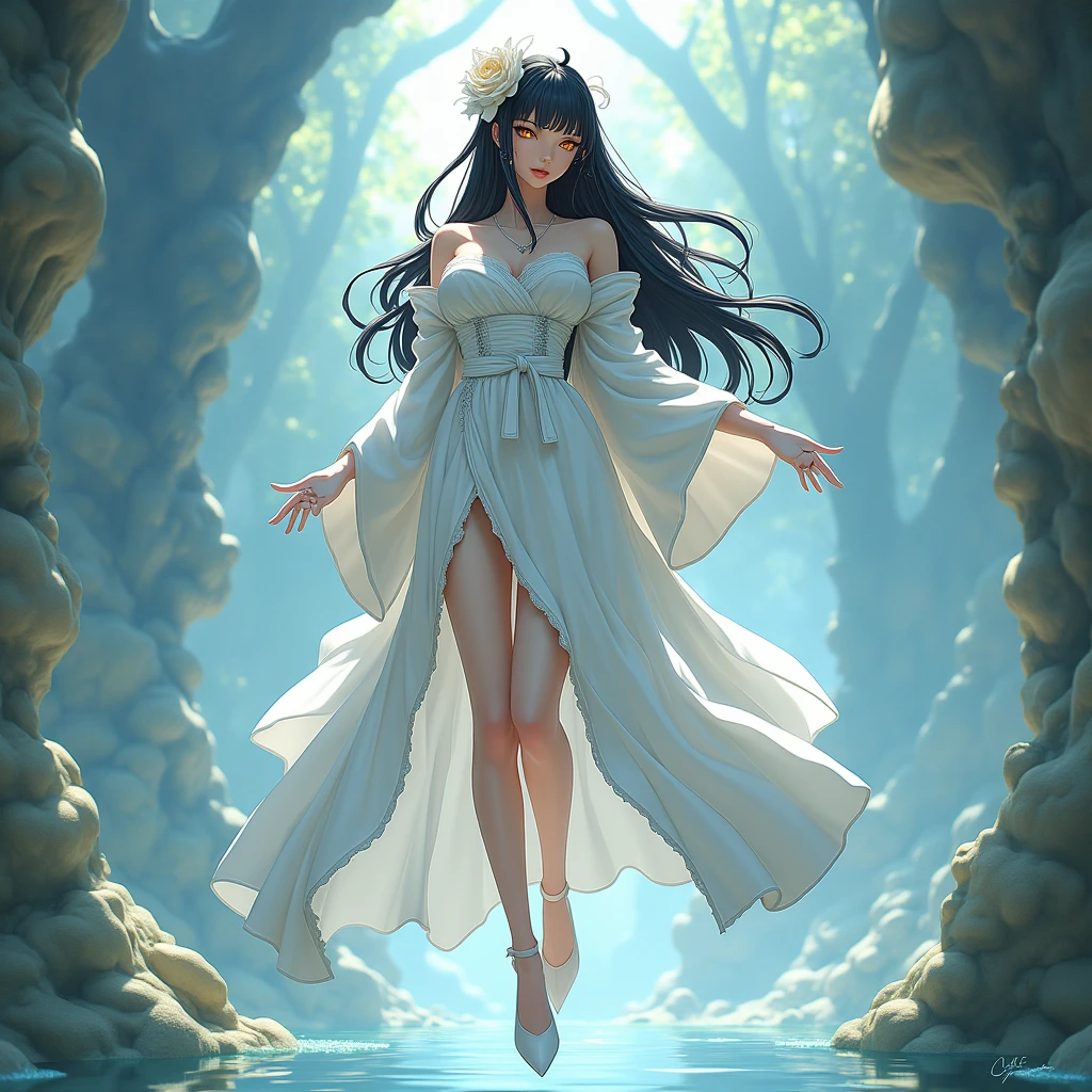 sexy woman, long white dress, ruffled, lace, transparencies, bare shoulders, flowers crown, in a lake, long black hair, windy, enchanted forest, petals in the air