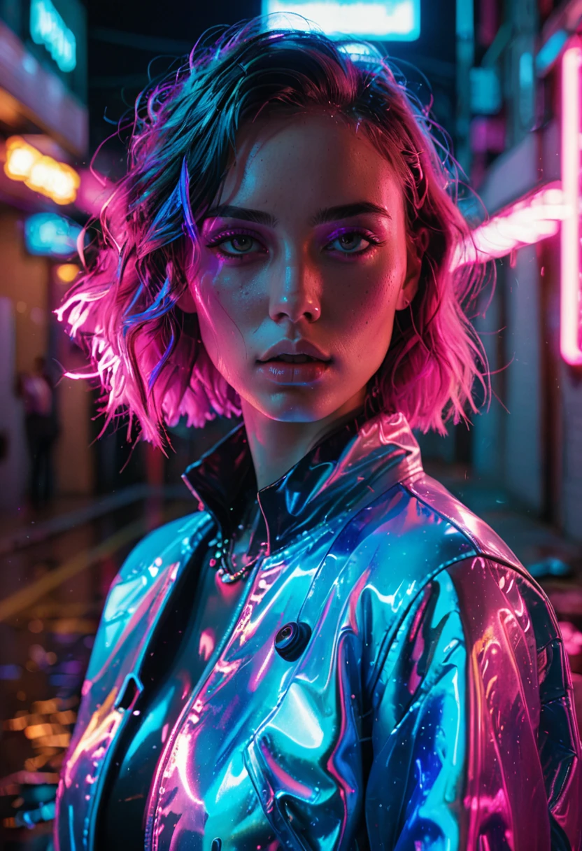 bright neon, shiny jacket on dark figure emitting liquid light, vibrant blue and pink, bright eyes, Film frame, neon vaporwave background, Water everywhere, smoking behind her