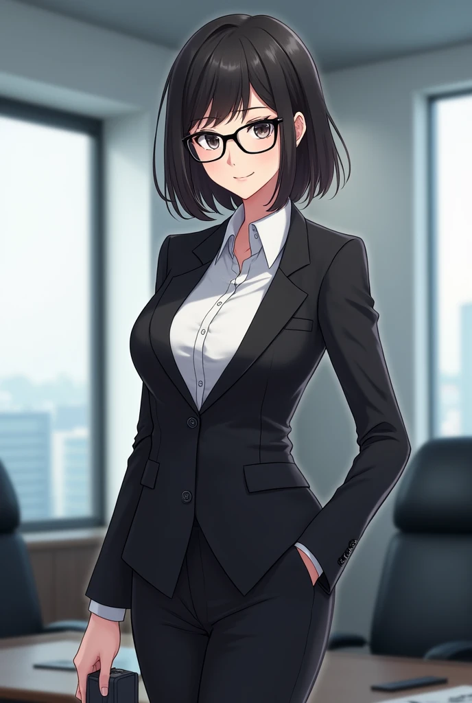 masterpiece, best quality, detailed face, detailed eyes, detailed lips, 1girl,  <lora:HUAndrea:0.5>, black hair, short hair, glasses, miniskirt, open jacket, blazer, large breasts, smile, indoors, office,