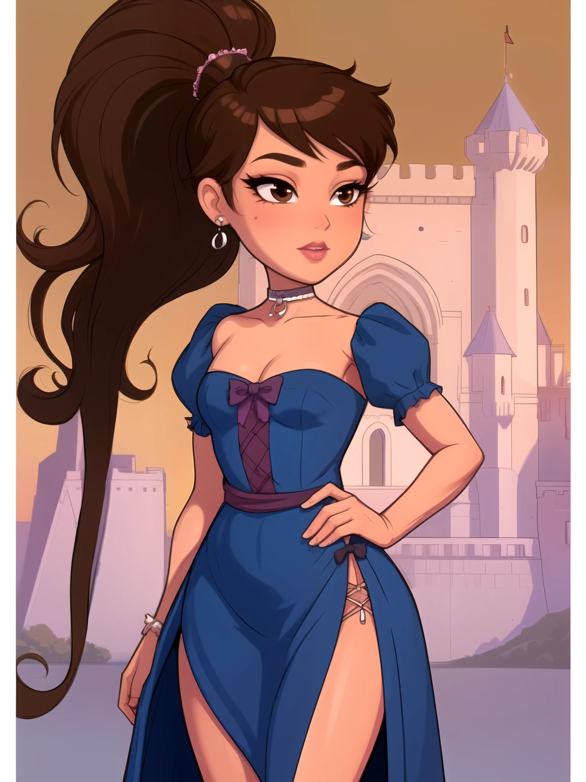 Princess Marco. brown eyes, brown hair, ponytail. small saggy breasts. huge hips. bbw. choker. bow. princess dress. queen dress. castle
