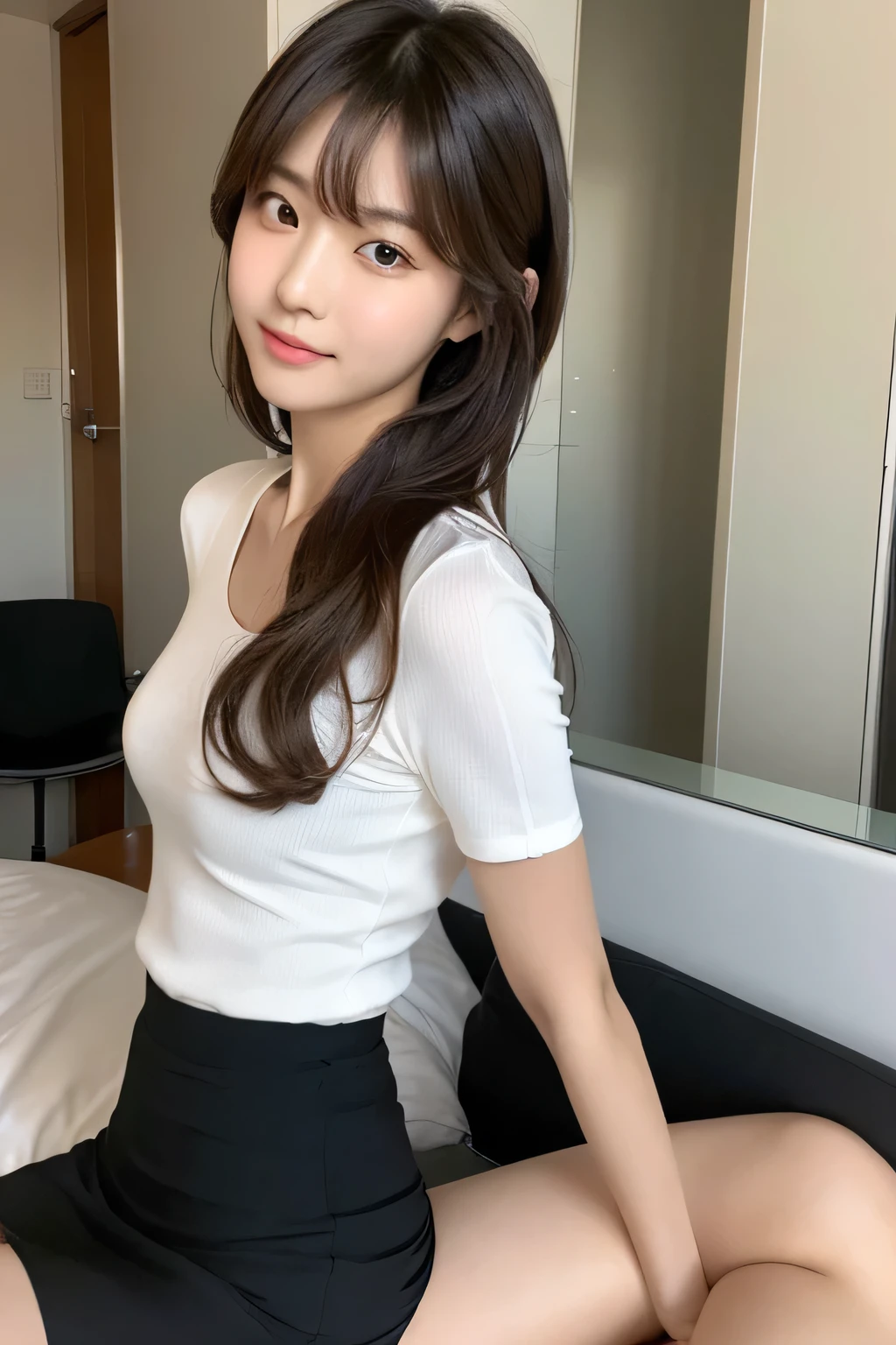 (full-body shot、36d chest、Short skirt、shirt、White pantyhose)、(best quality,masterpiece:1.3,Ultra-high resolution,),(Extremely detailed,Caustic lines),(Reality:1.4,RAW Shooting,)Ultra-realistic capture,Very detailed,High resolution 16K,Suitable for human skin、 Natural skin texture、、Skin looks healthy、The color is also uniform.、 Use natural light and color,A woman,Asian,,Lovely,Blonde, Double tail,(Writing border depth、Chromatic Aberration、indoor)、(Hair blowing in the wind:1.2)、Sofa Landscape, sit,Ruddy and shiny lips, Double tail, Legs close-up,White tights