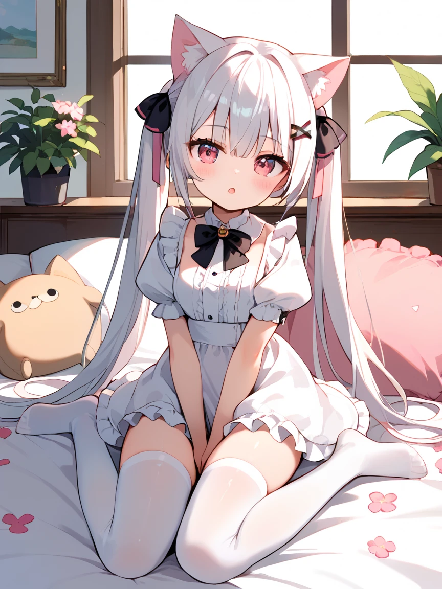 score_9,score_8_up,score_7_up,score_6_up, source anime,masterpiece,best quality,ultra detailed eyes BREAK 1girl,animal ears,solo,thighhighs,sitting,dress,long hair,bow,white dress,hair ornament,twintails,indoors,cat ears,white thighhighs,white hair,stuffed toy,looking at viewer,short sleeves,stuffed animal,flower,black bow,bangs,plant,no shoes,frills,blush,wariza,puffy sleeves,potted plant,between legs,animal ear fluff,puffy short sleeves,hand between legs,pink flower,very long hair,frilled dress,pillow,hair flower,window,red eyes,hair bow,on bed,pink eyes,bowtie,parted lips,ribbon,hairclip,full body,hair between eyes,:o,x hair ornament,black bowtie,hair ribbon,bed,sidelocks,open mouth,