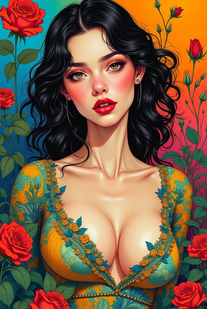 (aerial shot:1.4), flowers, field, (glowing), rich colors,high contrast, sky, 1girl wearing negligee, see-through nipples, long hair, laying, intricate pose, blushed, natural breasts, intricate eyes, unrealistic eyes, barely covered nipples, intricate colorful hair, heart, barely covered, sweat, wet, (oiled skin, shiny skin), interracial, cinematic, art-station,(masterpiece, best quality:1.2),<lora:0223 flower_v1:0.8> ruanyi0223, flower