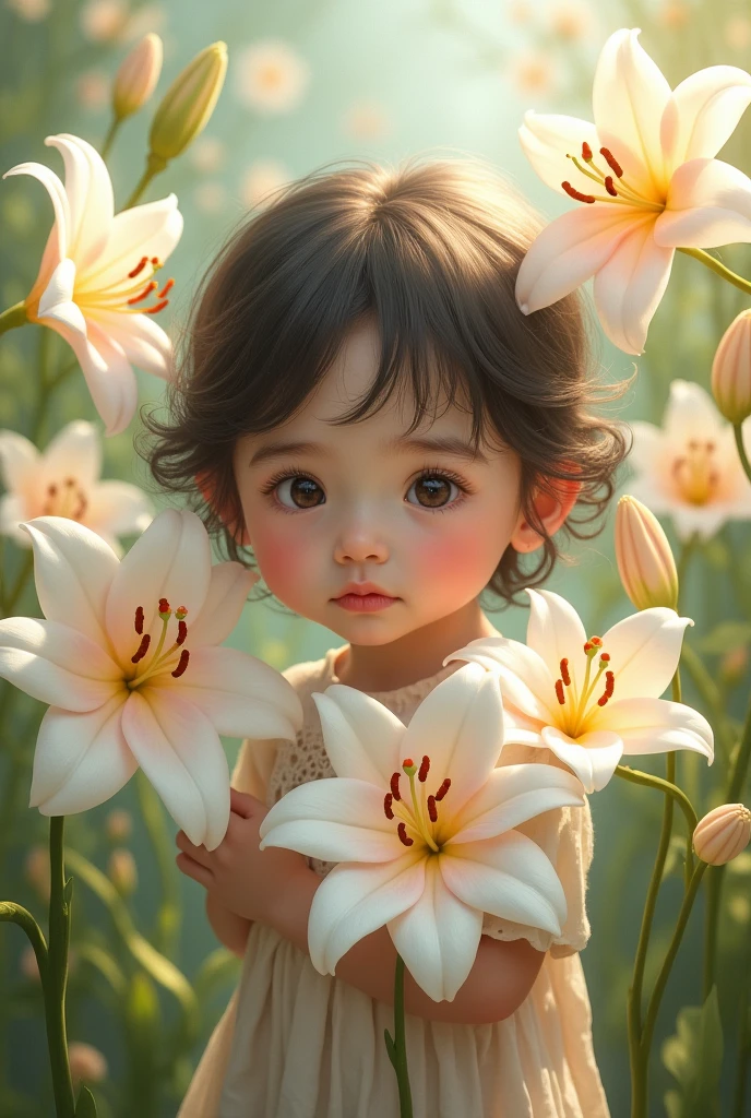 A child holding a flower in his hand, two close-ups, delicate, realistic, high-definition