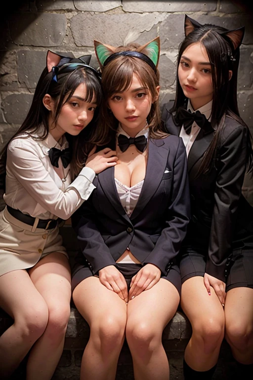 Viewer discretion advised,masterpiece, 4K, Japanese women, (Three Girls:1.5), (uniform:1.3), (Three different types of women:1.5),(The three of them are sitting on a big white sofa, embracing each other.)、(Blushed:1.3), (Plump breasts:1.2), (Cat ears:1.3),(basement:1.6,ruins:1.6,Brick wall), Cat ears,tail,Gazing at each other,(tie,shirt,Unbutton),Showing off cleavage,Showing panties,