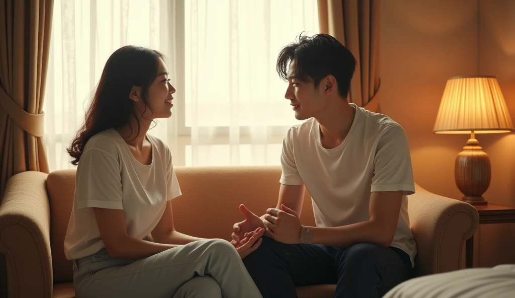 adult woman 30 years old and young boy , sitting on sofa, talking to each other