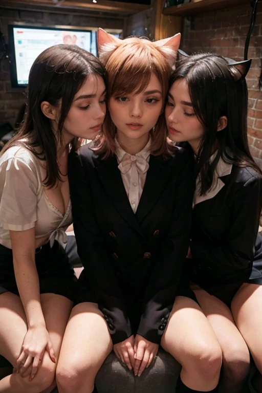 Viewer discretion advised,masterpiece, 4K, Japanese women, (Three Girls:1.5), (uniform:1.3), (Three different types of women:1.5),(The three of them are sitting on a big white sofa, embracing each other.)、(Blushed:1.3), (Plump breasts:1.2), (Cat ears:1.3),(basement:1.6,ruins:1.6,Brick wall), Cat ears,tail,Gazing at each other,(tie,shirt,Unbutton),Showing off cleavage,Showing panties,